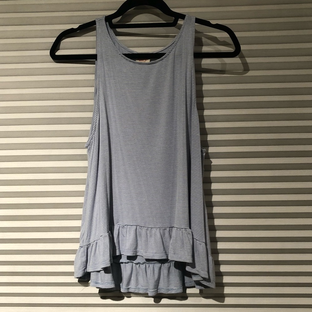 Blue and white striped peplum ruffle tank top